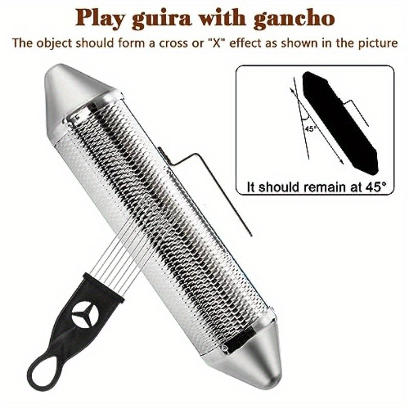 Stainless Steel Guiro Shaker with 2 Scrapers - 15" x 3" Latin Percussion Instrument, Professional Band & Home Musical Training Tool, Durable Metal Construction for Latin Music Enthusiasts, Musician Supply, Sleek Metallic Fini