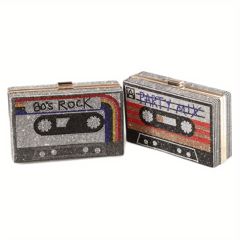 Vintage Tape Shaped Clutch Bag - Colorful Rhinestone Decorated, Sparkling Evening Bag for Banquets, Carnaval, Music Festivals, and Formal Events - Classic, Glamorous, and Eye-Catching Accessory