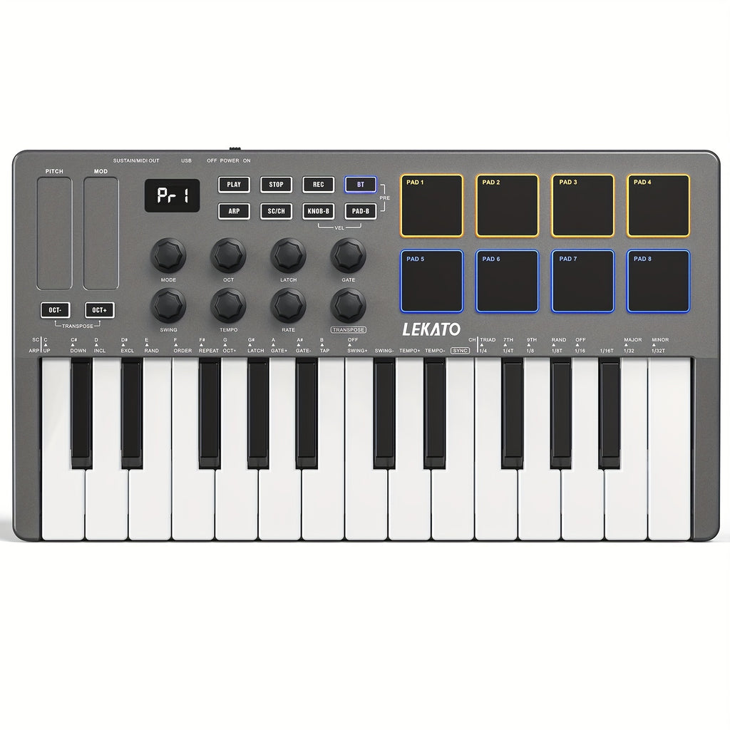 LEKATO 25 Key USB MIDI Keyboard Controller With 8 Backlit Drum Pads, Wireless Semi Weighted Dynamic Keybed 8 Knobs and Music Production, Smart Scales, Chords, Software Included