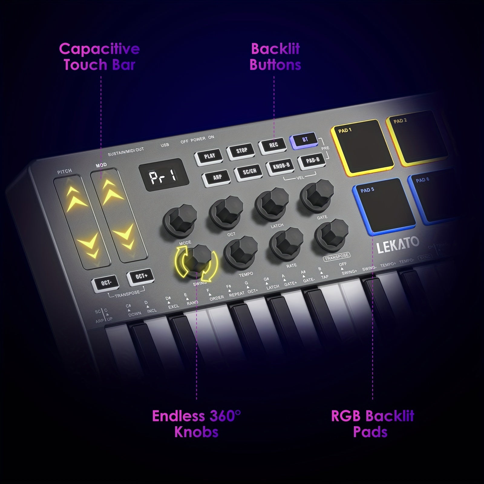 LEKATO 25 Key USB MIDI Keyboard Controller With 8 Backlit Drum Pads, Wireless Semi Weighted Dynamic Keybed 8 Knobs and Music Production, Smart Scales, Chords, Software Included