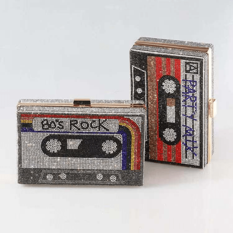 Vintage Tape Shaped Clutch Bag - Colorful Rhinestone Decorated, Sparkling Evening Bag for Banquets, Carnaval, Music Festivals, and Formal Events - Classic, Glamorous, and Eye-Catching Accessory