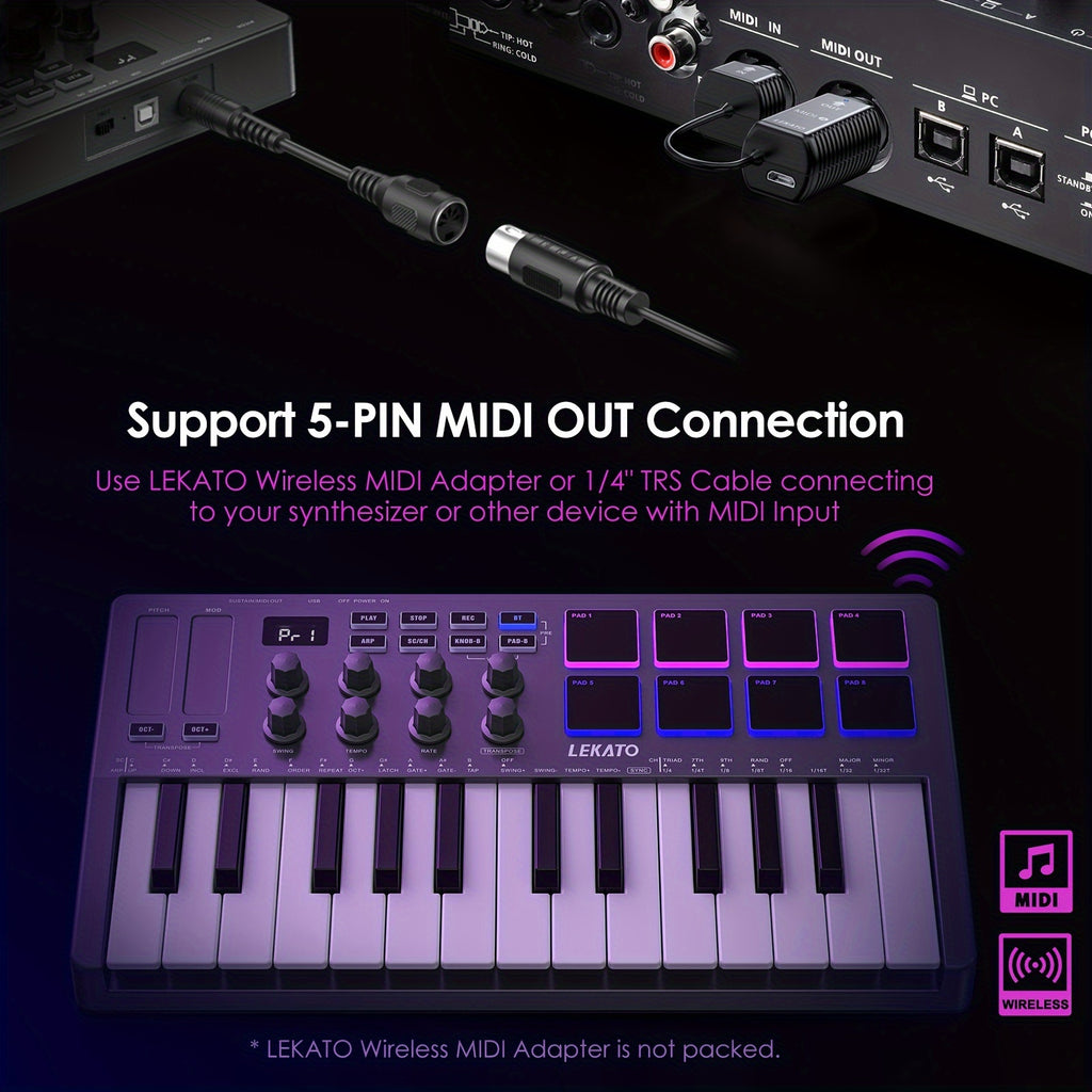 LEKATO 25 Key USB MIDI Keyboard Controller With 8 Backlit Drum Pads, Wireless Semi Weighted Dynamic Keybed 8 Knobs and Music Production, Smart Scales, Chords, Software Included