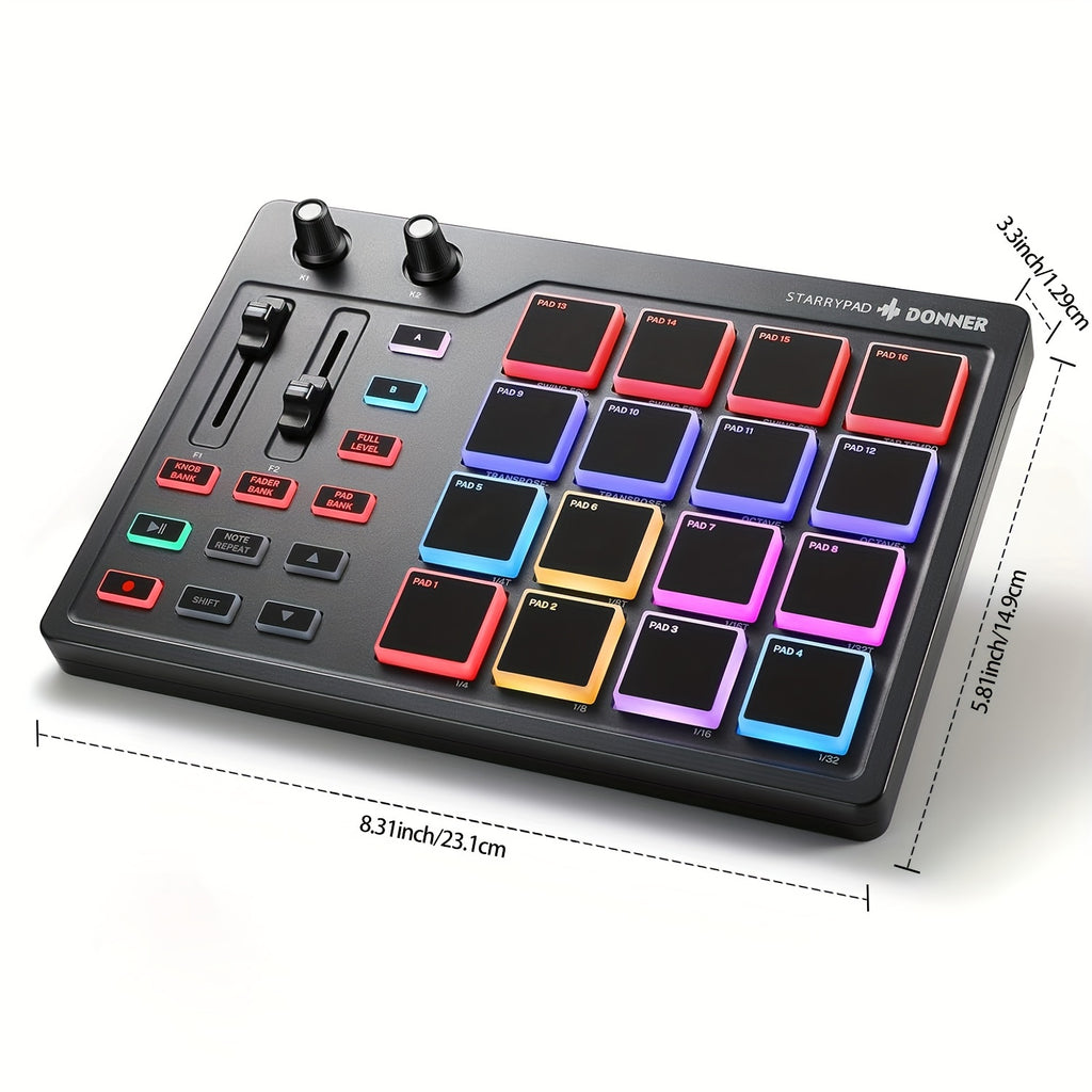 STARRYPAD MIDI Pad Beat Maker Machine - Professional USB MIDI Controller for Music Production - 16 Beat Pads, 2 Assignable Faders & Knobs, 40 Free Courses, and Music Production Software for DJs and Producers