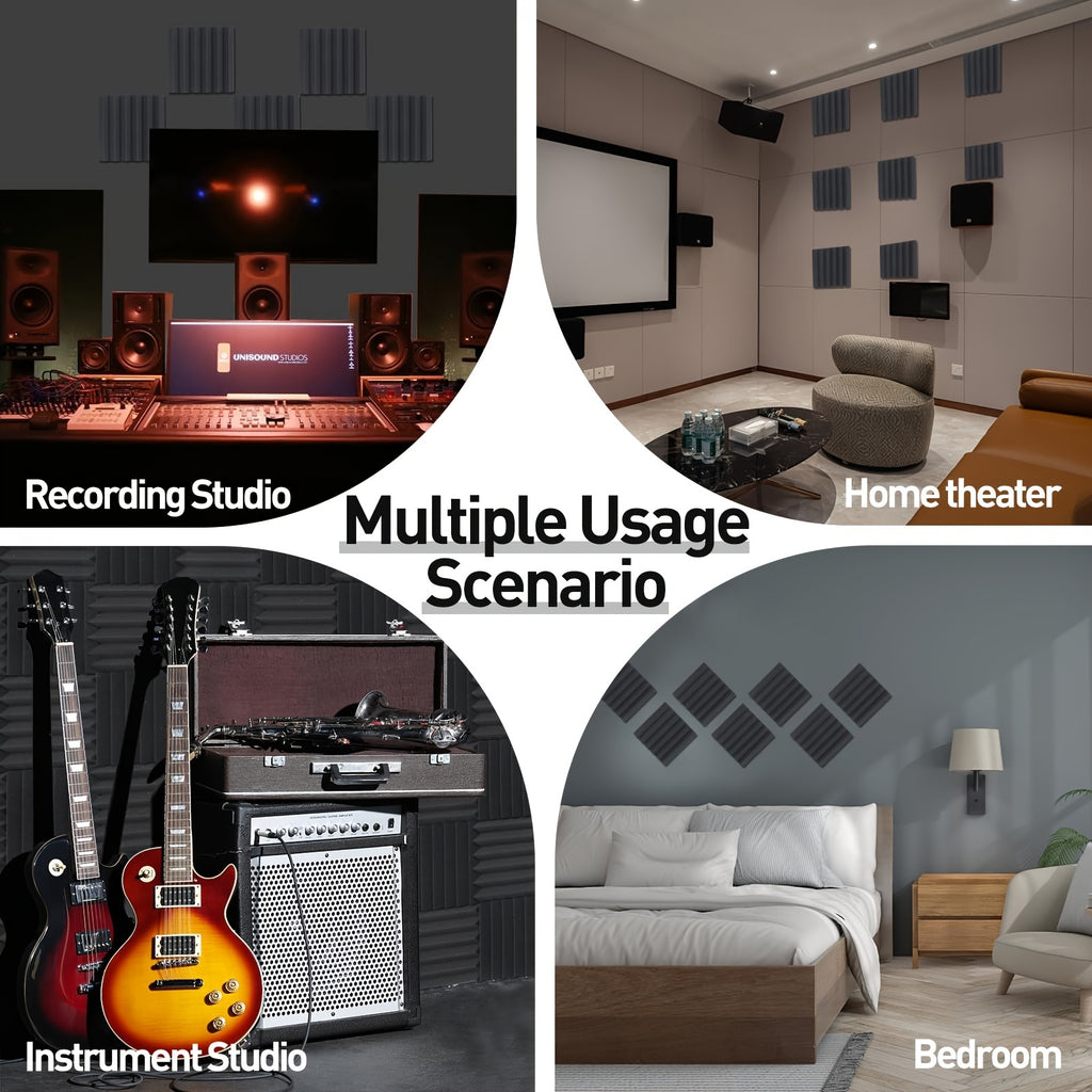 Self adhesive 24 pcs black 12* 12 * 2inches high-density flame-retardant triangular groove sound insulation foam board is suitable for conference studio, recording studio, bedroom, wall and ceiling, dance studio, music room,