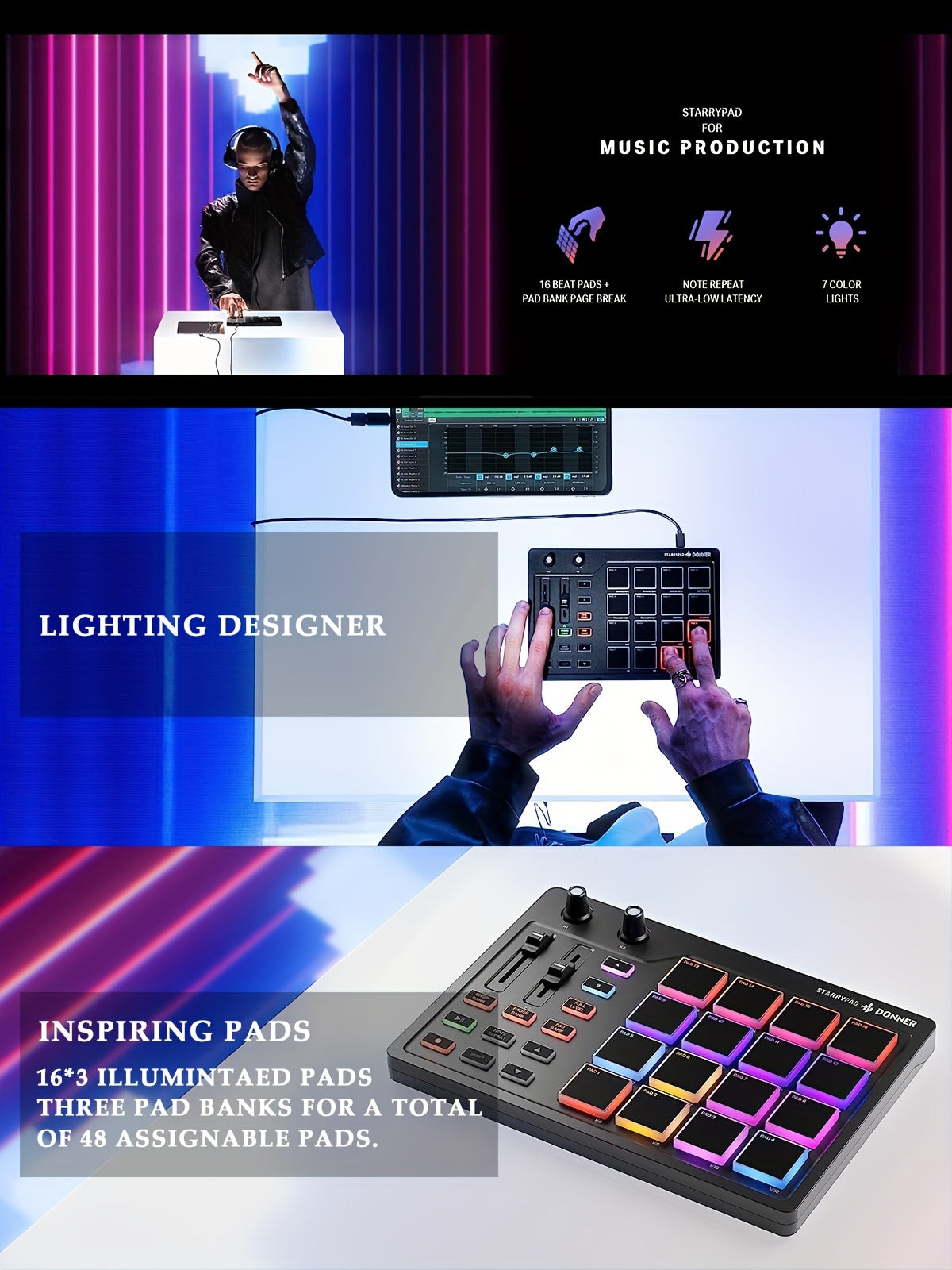 STARRYPAD MIDI Pad Beat Maker Machine - Professional USB MIDI Controller for Music Production - 16 Beat Pads, 2 Assignable Faders & Knobs, 40 Free Courses, and Music Production Software for DJs and Producers