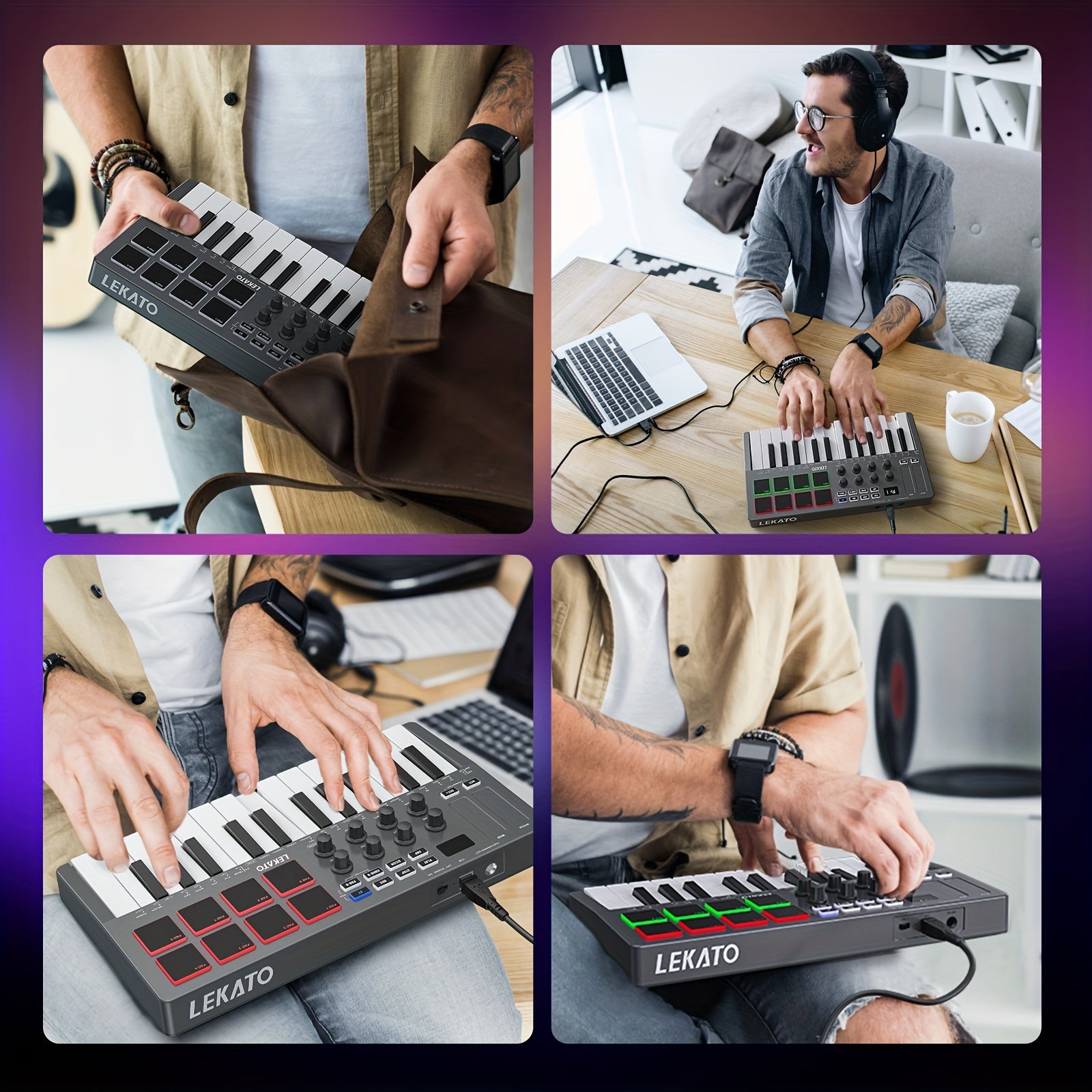 LEKATO 25 Key USB MIDI Keyboard Controller With 8 Backlit Drum Pads, Wireless Semi Weighted Dynamic Keybed 8 Knobs and Music Production, Smart Scales, Chords, Software Included
