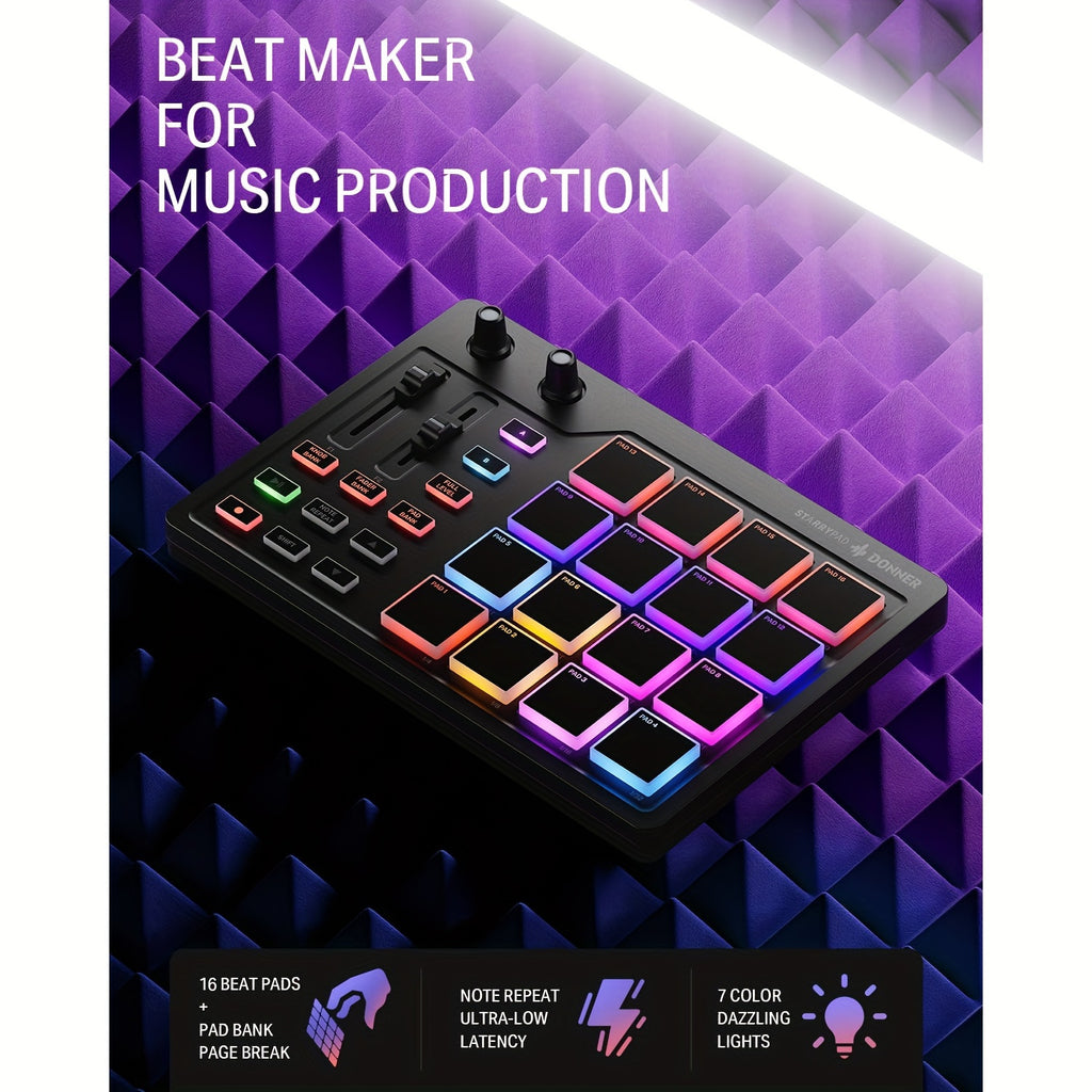 STARRYPAD MIDI Pad Beat Maker Machine - Professional USB MIDI Controller for Music Production - 16 Beat Pads, 2 Assignable Faders & Knobs, 40 Free Courses, and Music Production Software for DJs and Producers