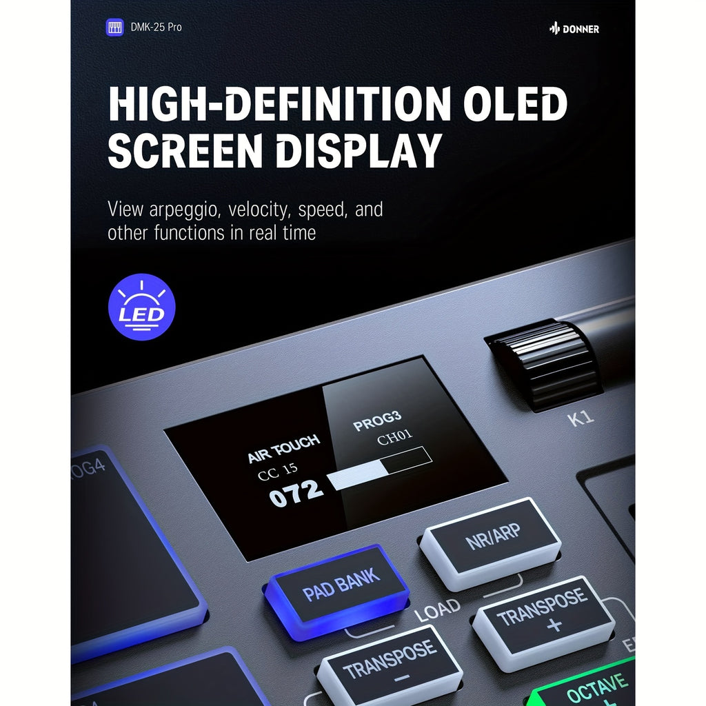 Pro MIDI Master 25 - Portable 25-Mini-Key USB-C MIDI Keyboard Controller with 8 Backlit Drum Pads, High-Resolution OLED Display, Personalized Touch Bar, Music Production Software, and 40 Free Online Courses for Beginners