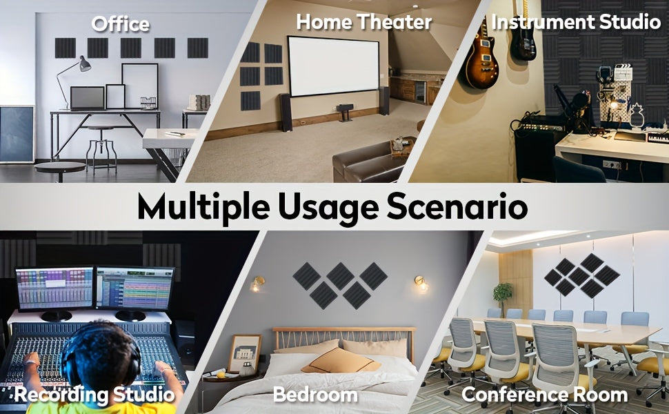 Self adhesive 24 pcs black 12* 12 * 2inches high-density flame-retardant triangular groove sound insulation foam board is suitable for conference studio, recording studio, bedroom, wall and ceiling, dance studio, music room,