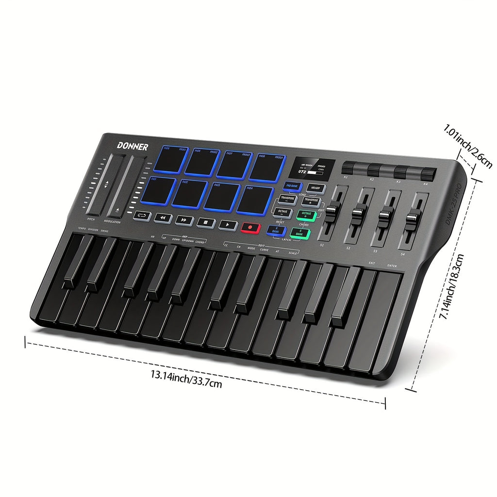 Pro MIDI Master 25 - Portable 25-Mini-Key USB-C MIDI Keyboard Controller with 8 Backlit Drum Pads, High-Resolution OLED Display, Personalized Touch Bar, Music Production Software, and 40 Free Online Courses for Beginners