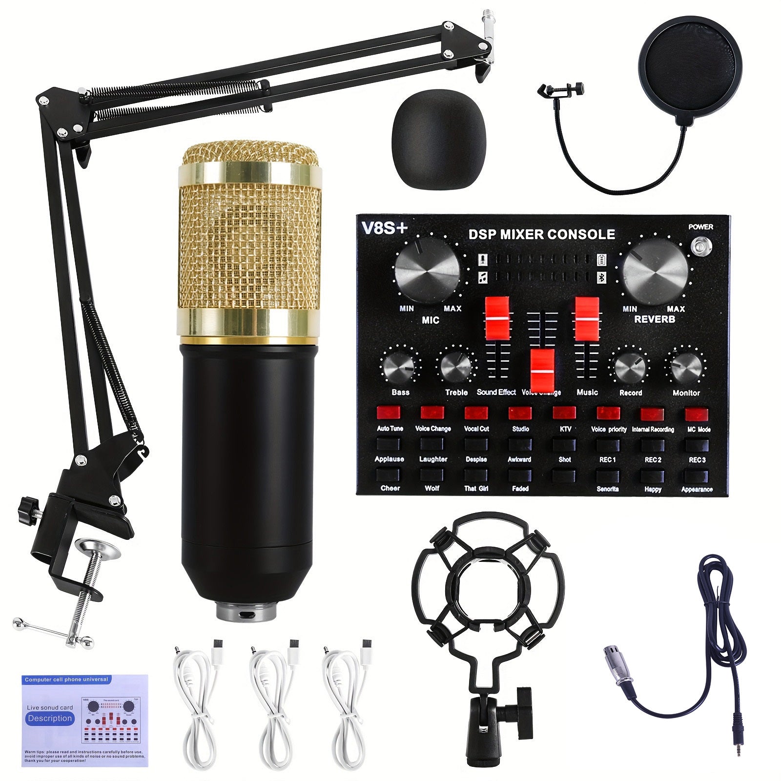 Podcast Equipment Bundle, Live Sound Card with BM800 Recording Studio Microphone, Professional Live Sound Card w/Dj Mixer Effects & Voice Changer for Live Streaming Gaming