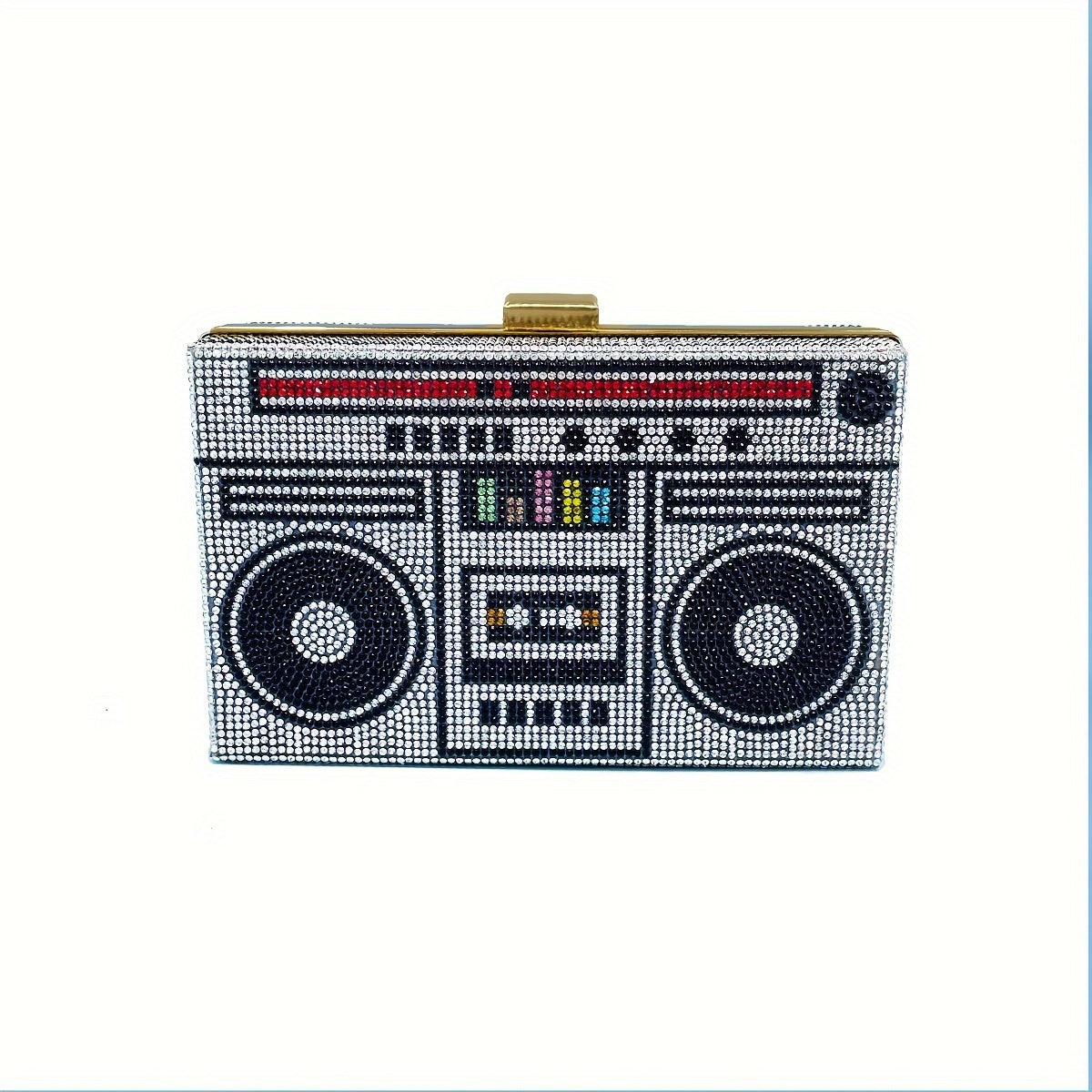 Vintage Tape Shaped Clutch Bag - Colorful Rhinestone Decorated, Sparkling Evening Bag for Banquets, Carnaval, Music Festivals, and Formal Events - Classic, Glamorous, and Eye-Catching Accessory