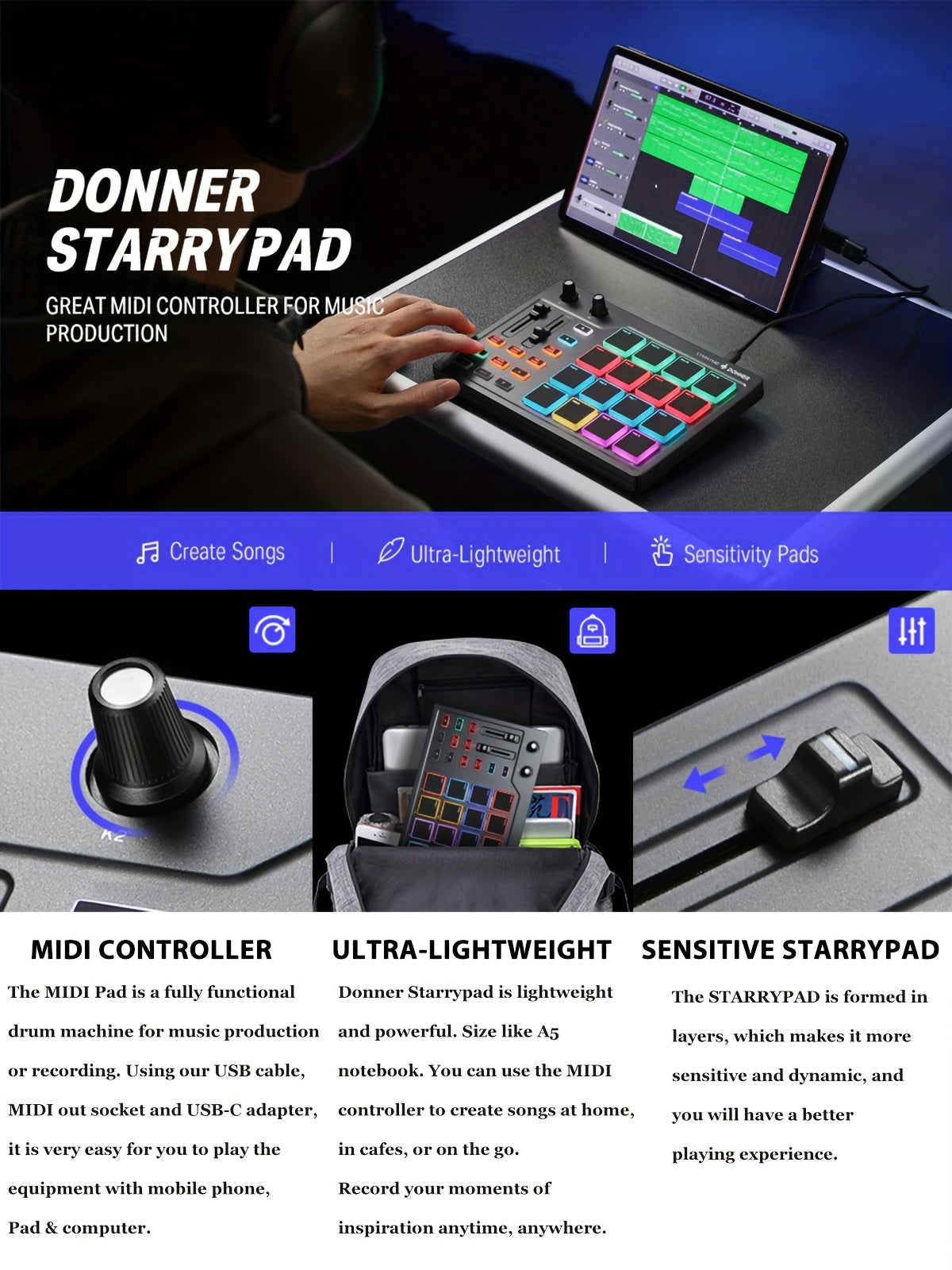 STARRYPAD MIDI Pad Beat Maker Machine - Professional USB MIDI Controller for Music Production - 16 Beat Pads, 2 Assignable Faders & Knobs, 40 Free Courses, and Music Production Software for DJs and Producers