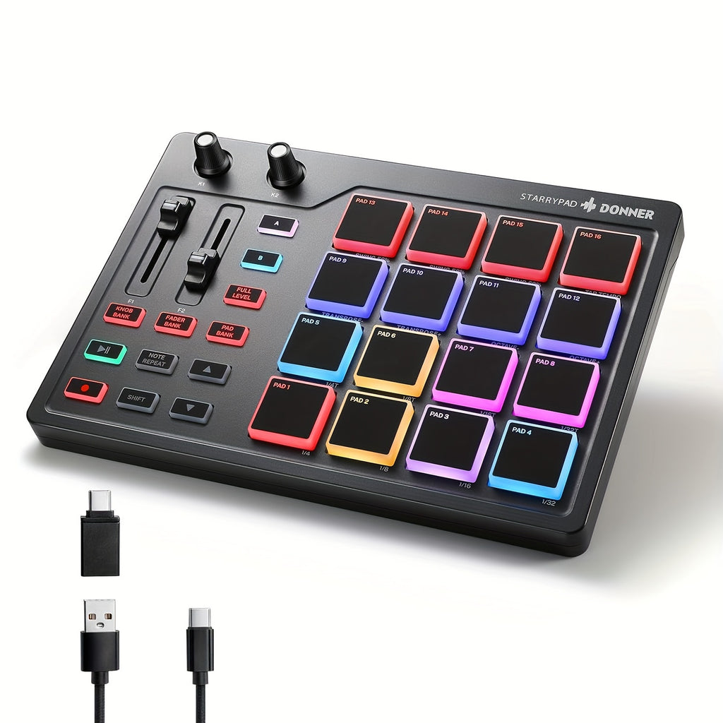 STARRYPAD MIDI Pad Beat Maker Machine - Professional USB MIDI Controller for Music Production - 16 Beat Pads, 2 Assignable Faders & Knobs, 40 Free Courses, and Music Production Software for DJs and Producers