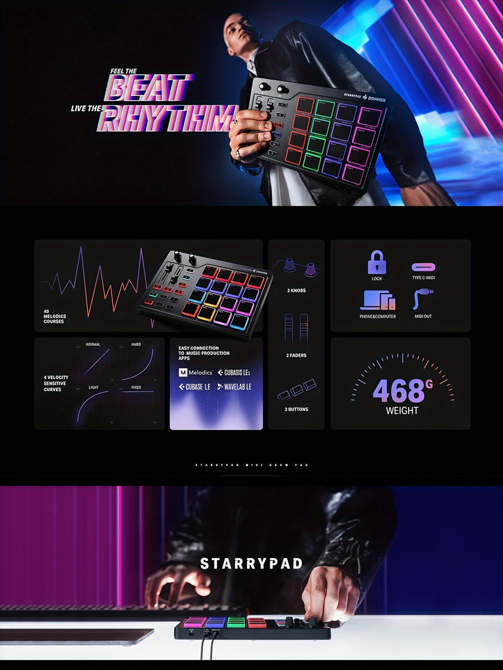 STARRYPAD MIDI Pad Beat Maker Machine - Professional USB MIDI Controller for Music Production - 16 Beat Pads, 2 Assignable Faders & Knobs, 40 Free Courses, and Music Production Software for DJs and Producers