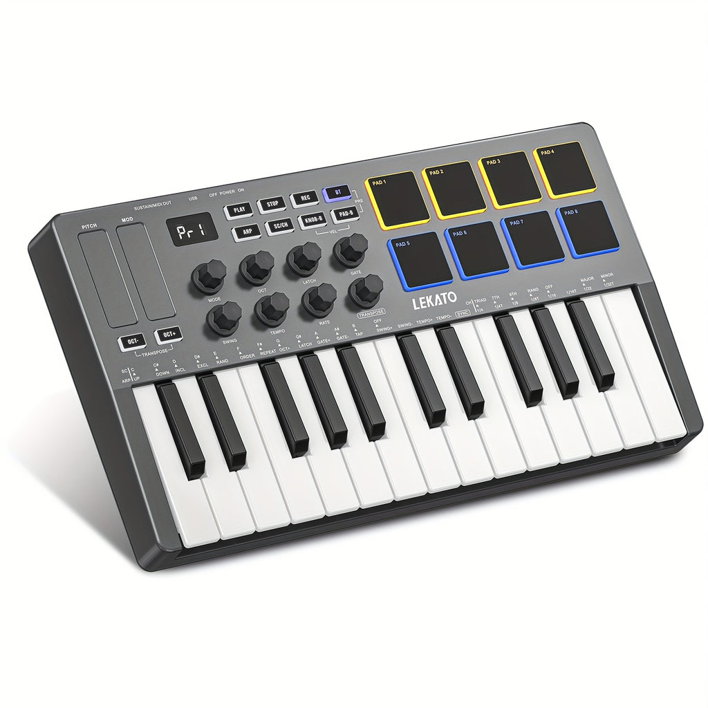 LEKATO 25 Key USB MIDI Keyboard Controller With 8 Backlit Drum Pads, Wireless Semi Weighted Dynamic Keybed 8 Knobs and Music Production, Smart Scales, Chords, Software Included