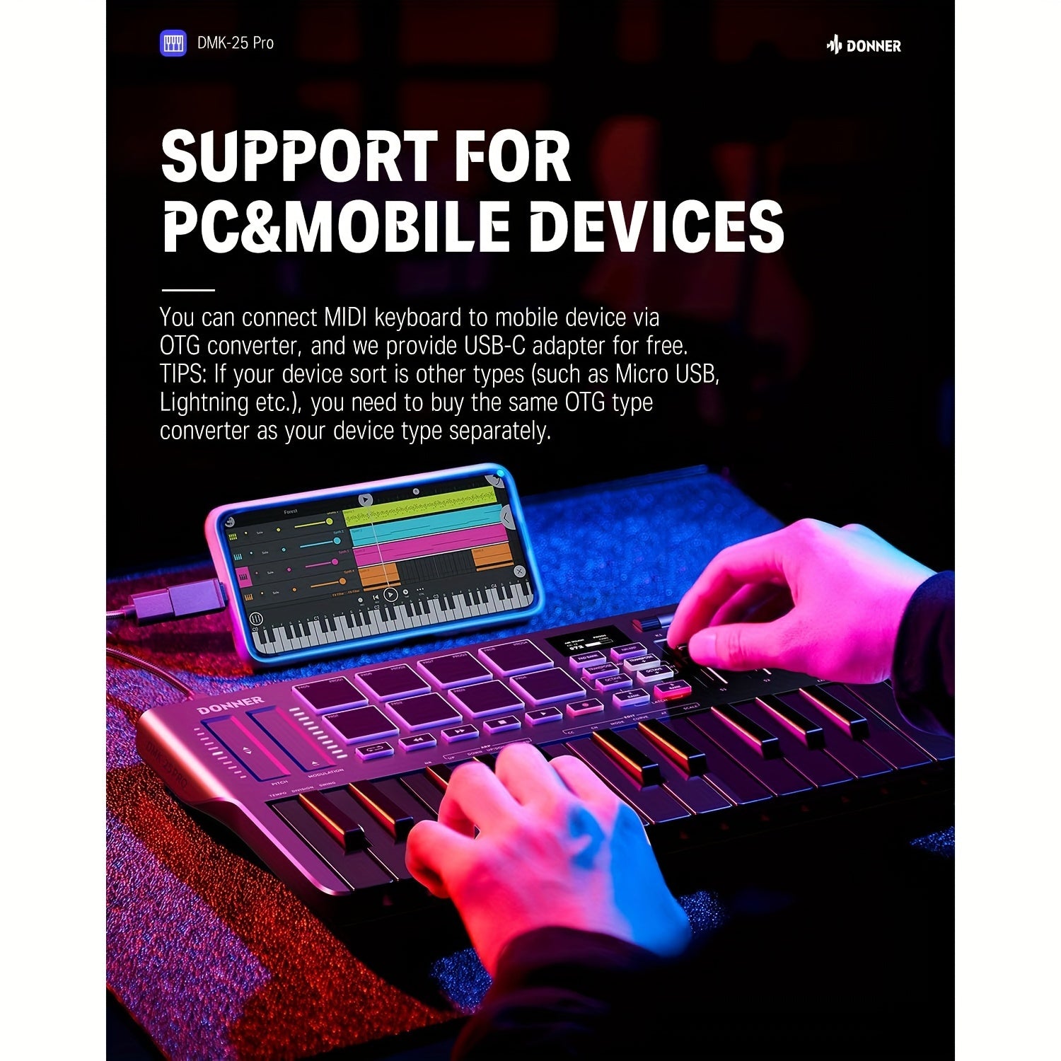 Pro MIDI Master 25 - Portable 25-Mini-Key USB-C MIDI Keyboard Controller with 8 Backlit Drum Pads, High-Resolution OLED Display, Personalized Touch Bar, Music Production Software, and 40 Free Online Courses for Beginners