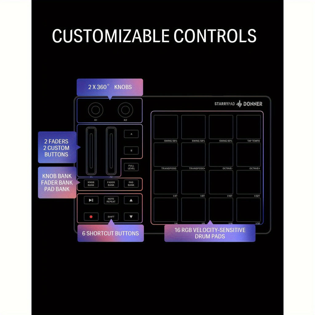 STARRYPAD MIDI Pad Beat Maker Machine - Professional USB MIDI Controller for Music Production - 16 Beat Pads, 2 Assignable Faders & Knobs, 40 Free Courses, and Music Production Software for DJs and Producers