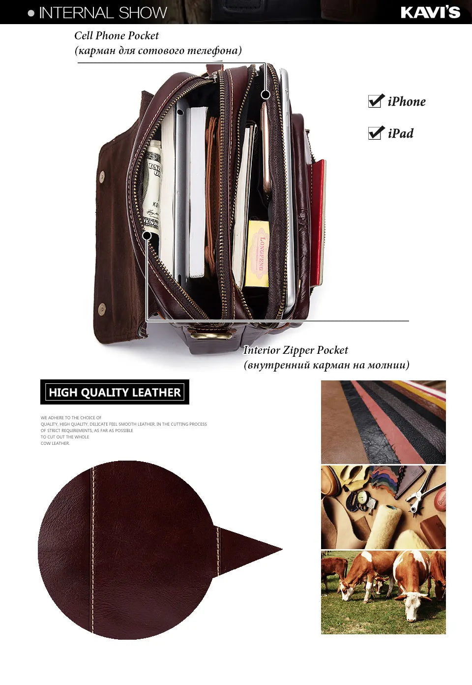 KAVIS NEW Genuine Leather Men's Crossbody Bag Male Business Shoulder Bag for Men High Quality Messenger Bag for 9.7" Ipad Bolsas