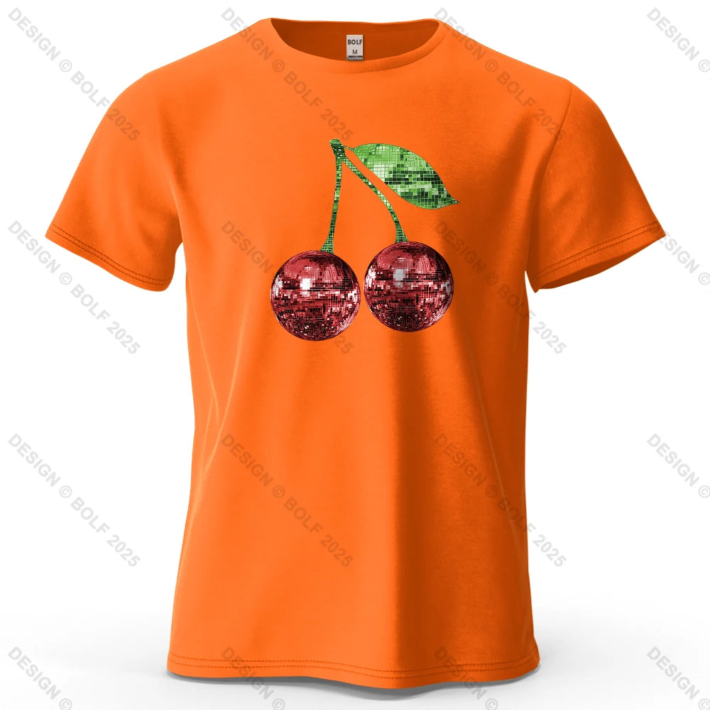 Disco Style Cherries Printed Men's T-Shirt 100% Cotton Oversized Glittery Graphic Tees for Women Tops Tees Streetwear