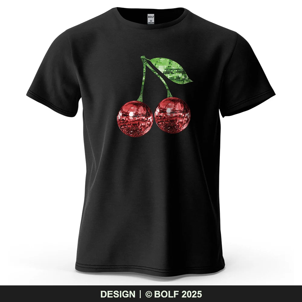Disco Style Cherries Printed Men's T-Shirt 100% Cotton Oversized Glittery Graphic Tees for Women Tops Tees Streetwear