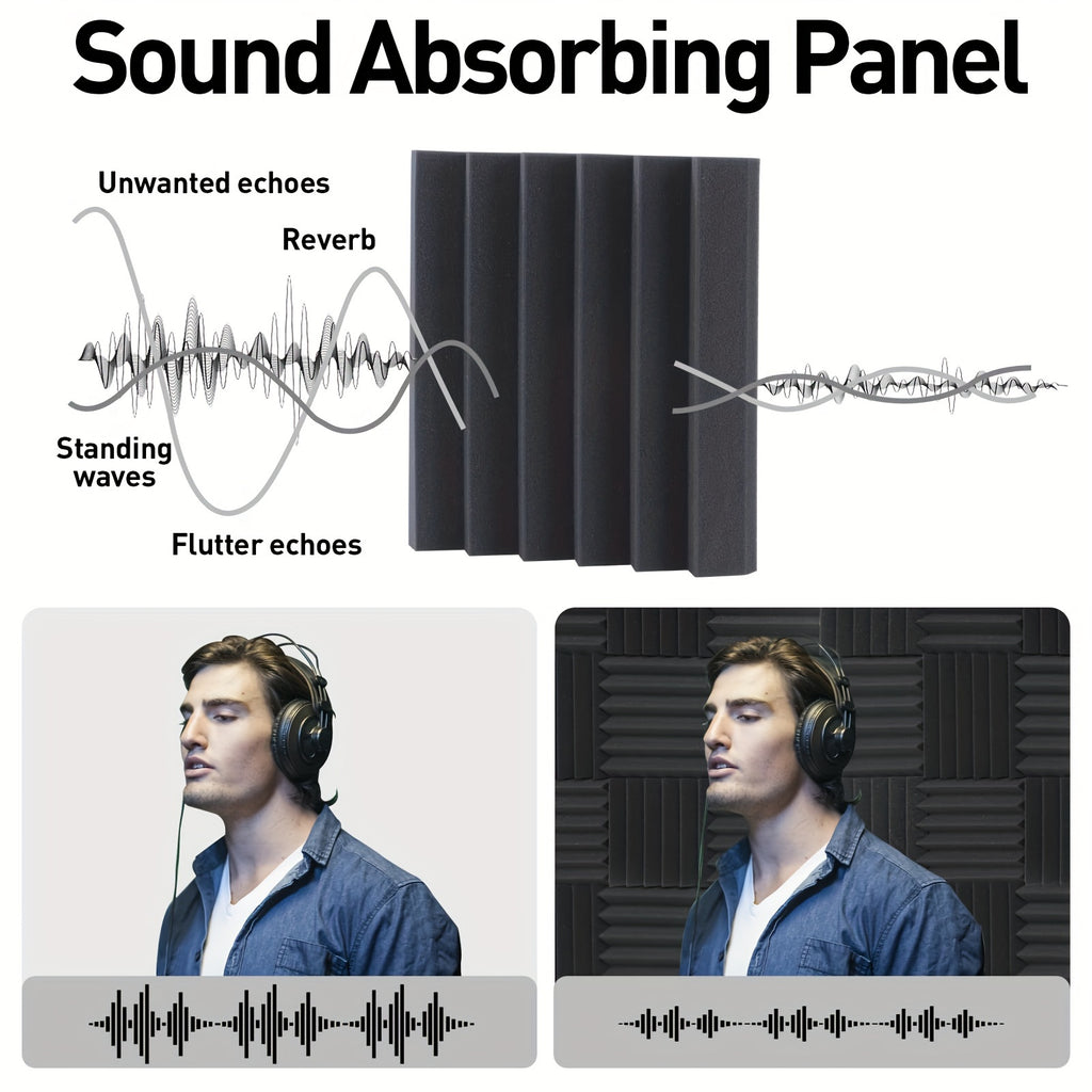 Self adhesive 24 pcs black 12* 12 * 2inches high-density flame-retardant triangular groove sound insulation foam board is suitable for conference studio, recording studio, bedroom, wall and ceiling, dance studio, music room,