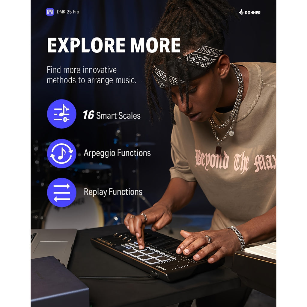 Pro MIDI Master 25 - Portable 25-Mini-Key USB-C MIDI Keyboard Controller with 8 Backlit Drum Pads, High-Resolution OLED Display, Personalized Touch Bar, Music Production Software, and 40 Free Online Courses for Beginners