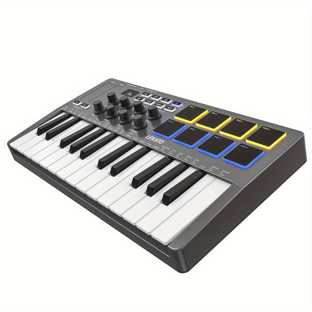 LEKATO 25 Key USB MIDI Keyboard Controller With 8 Backlit Drum Pads, Wireless Semi Weighted Dynamic Keybed 8 Knobs and Music Production, Smart Scales, Chords, Software Included