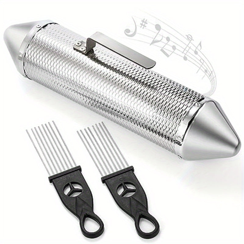 Stainless Steel Guiro Shaker with 2 Scrapers - 15" x 3" Latin Percussion Instrument, Professional Band & Home Musical Training Tool, Durable Metal Construction for Latin Music Enthusiasts, Musician Supply, Sleek Metallic Fini