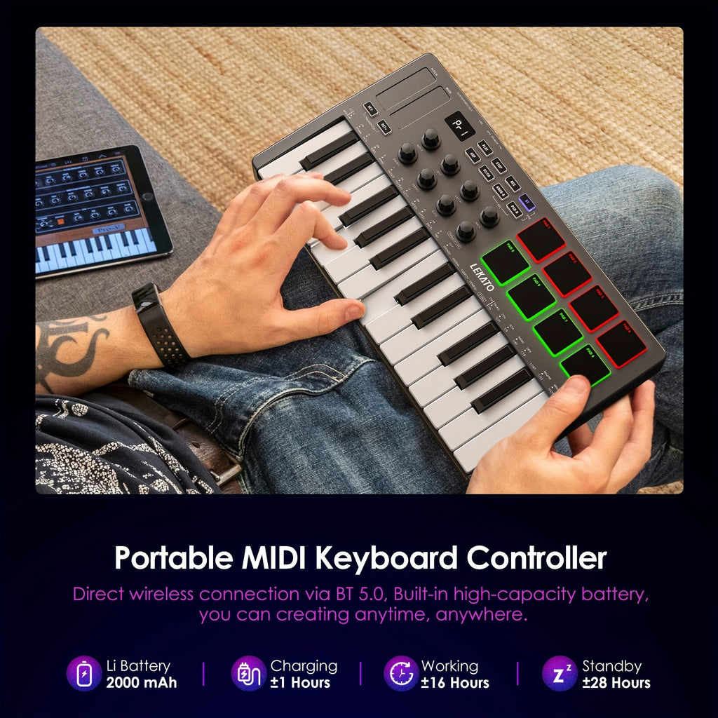 LEKATO 25 Key USB MIDI Keyboard Controller With 8 Backlit Drum Pads, Wireless Semi Weighted Dynamic Keybed 8 Knobs and Music Production, Smart Scales, Chords, Software Included