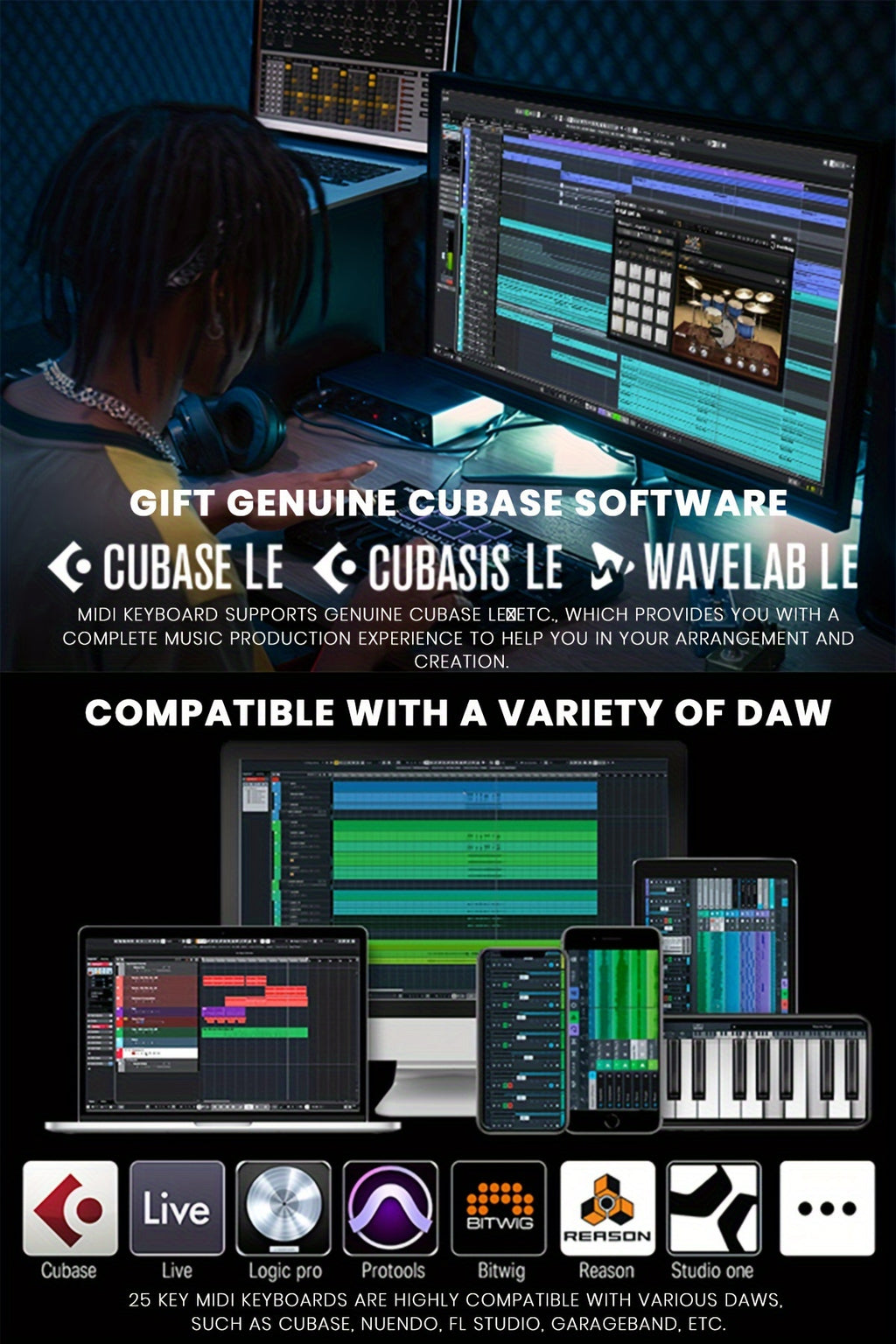 Pro MIDI Master 25 - Portable 25-Mini-Key USB-C MIDI Keyboard Controller with 8 Backlit Drum Pads, High-Resolution OLED Display, Personalized Touch Bar, Music Production Software, and 40 Free Online Courses for Beginners