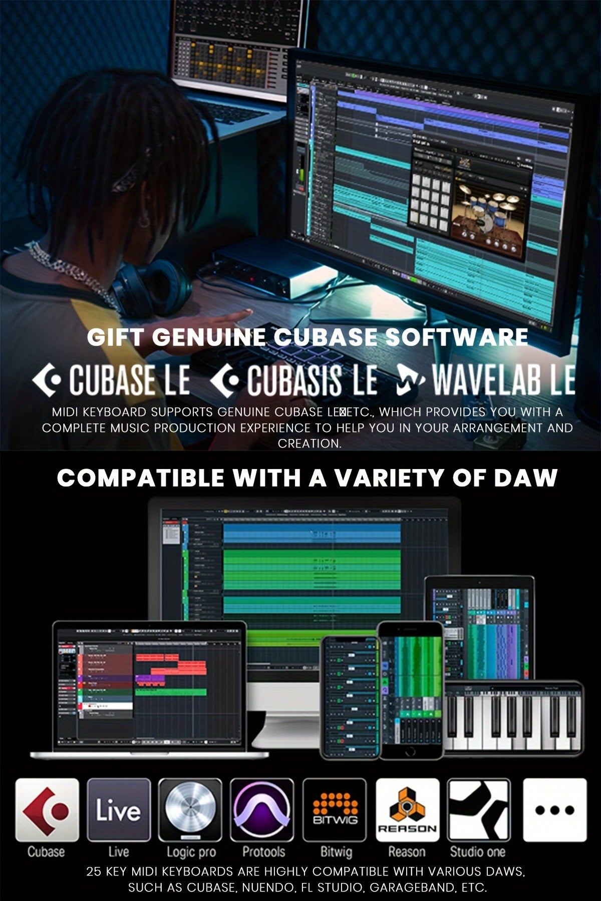 Pro MIDI Master 25 - Portable 25-Mini-Key USB-C MIDI Keyboard Controller with 8 Backlit Drum Pads, High-Resolution OLED Display, Personalized Touch Bar, Music Production Software, and 40 Free Online Courses for Beginners