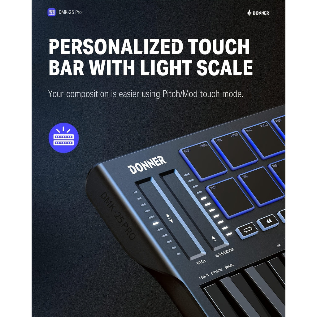 Pro MIDI Master 25 - Portable 25-Mini-Key USB-C MIDI Keyboard Controller with 8 Backlit Drum Pads, High-Resolution OLED Display, Personalized Touch Bar, Music Production Software, and 40 Free Online Courses for Beginners