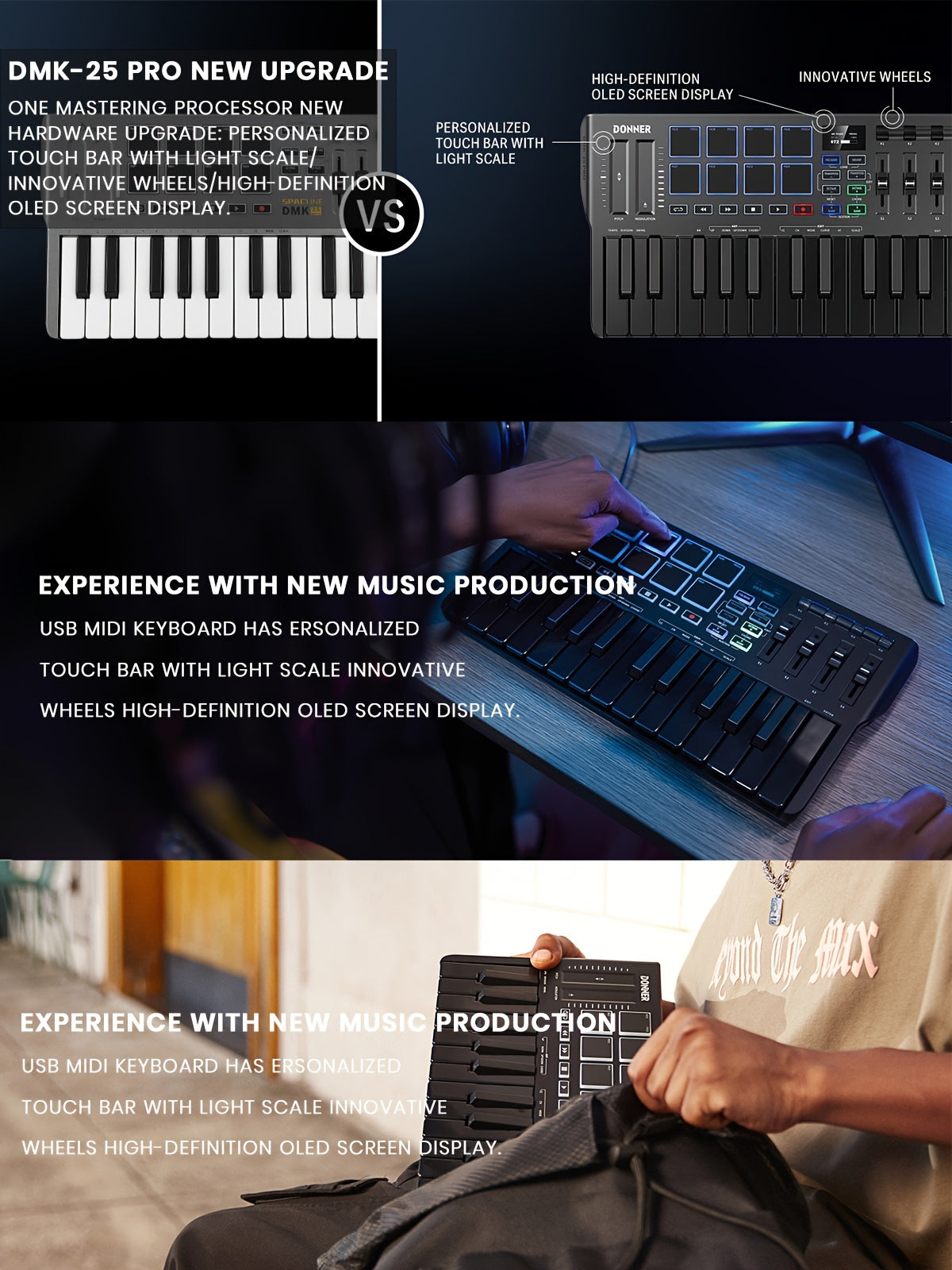 Pro MIDI Master 25 - Portable 25-Mini-Key USB-C MIDI Keyboard Controller with 8 Backlit Drum Pads, High-Resolution OLED Display, Personalized Touch Bar, Music Production Software, and 40 Free Online Courses for Beginners