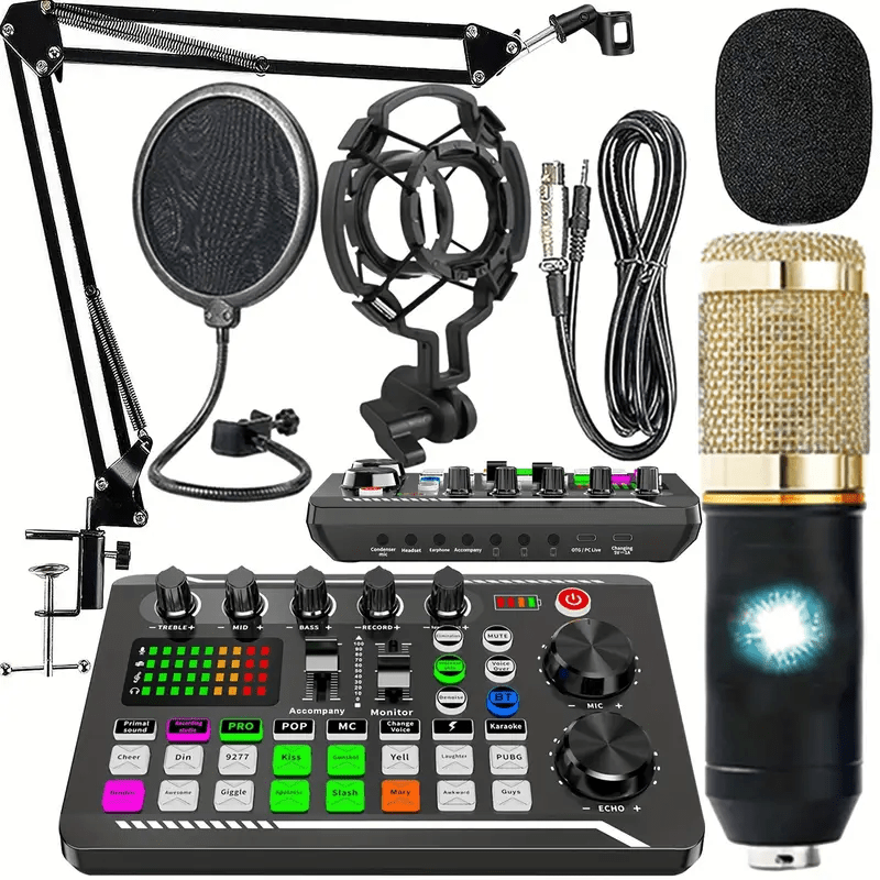 Podcast Equipment Bundle, Live Sound Card with BM800 Recording Studio Microphone, Professional Live Sound Card w/Dj Mixer Effects & Voice Changer for Live Streaming Gaming