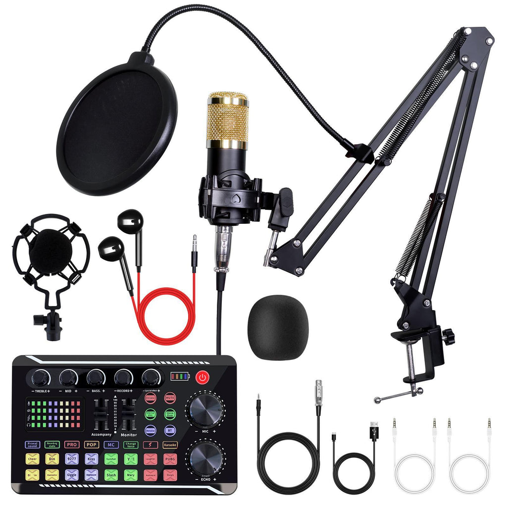 Podcast Equipment Bundle, Live Sound Card with BM800 Recording Studio Microphone, Professional Live Sound Card w/Dj Mixer Effects & Voice Changer for Live Streaming Gaming