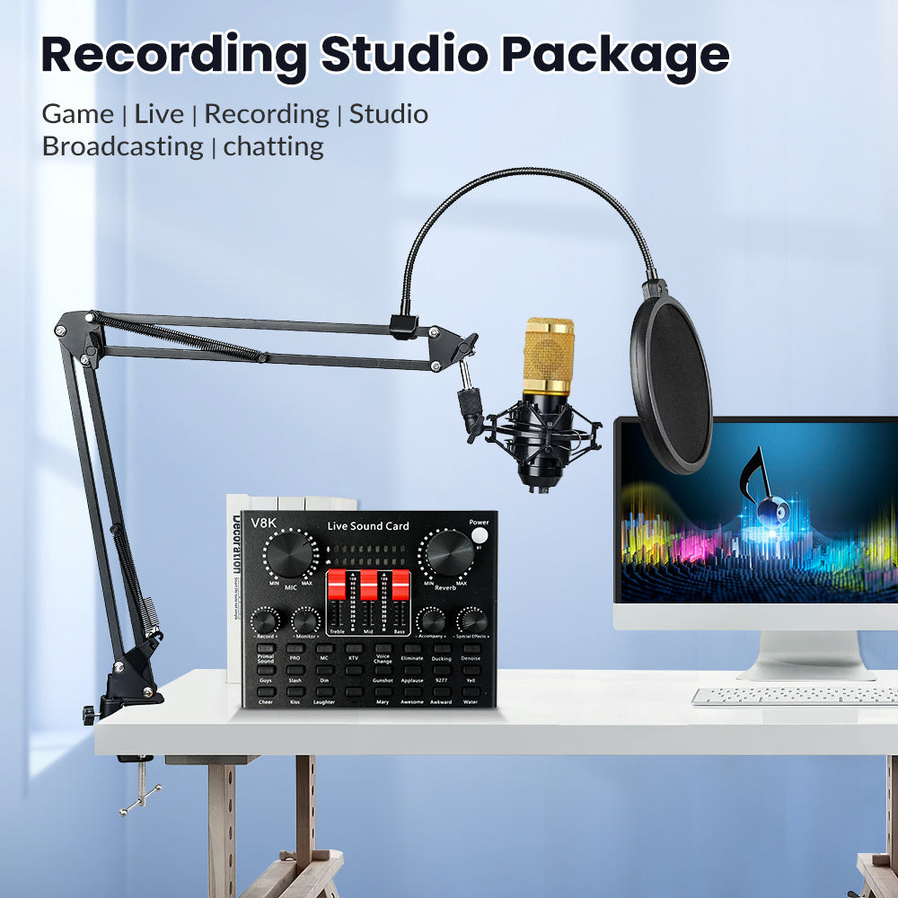 Podcast Equipment Bundle, Live Sound Card with BM800 Recording Studio Microphone, Professional Live Sound Card w/Dj Mixer Effects & Voice Changer for Live Streaming Gaming