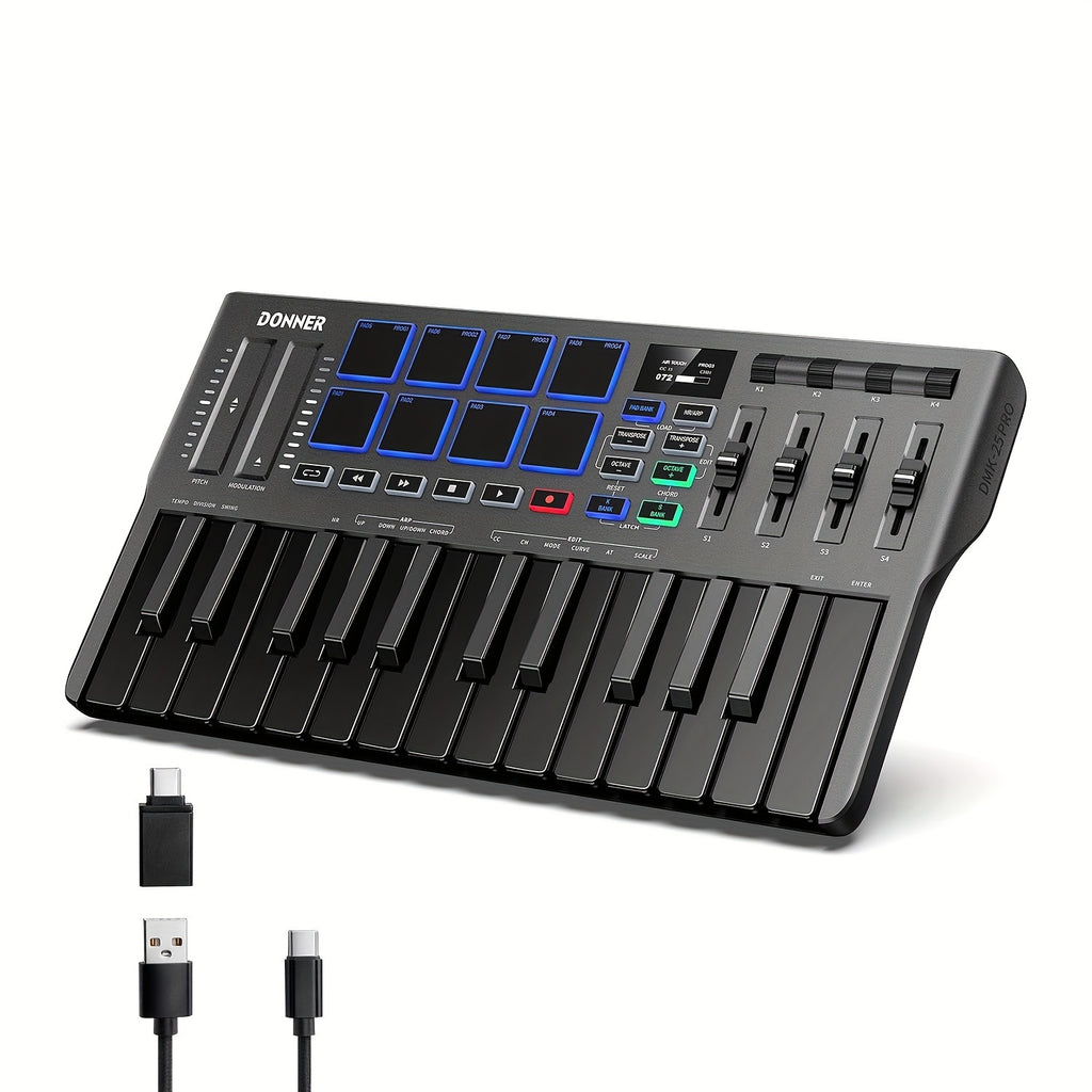 Pro MIDI Master 25 - Portable 25-Mini-Key USB-C MIDI Keyboard Controller with 8 Backlit Drum Pads, High-Resolution OLED Display, Personalized Touch Bar, Music Production Software, and 40 Free Online Courses for Beginners