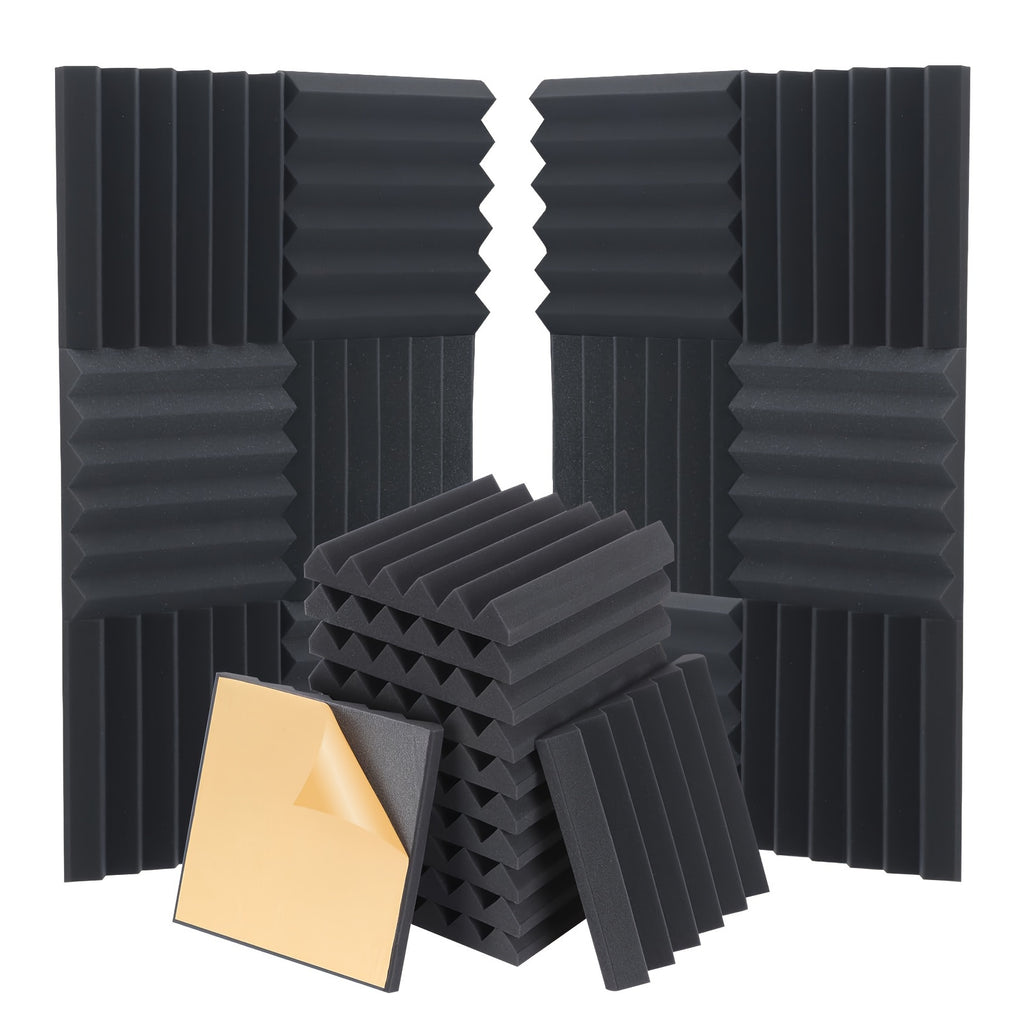 Self adhesive 24 pcs black 12* 12 * 2inches high-density flame-retardant triangular groove sound insulation foam board is suitable for conference studio, recording studio, bedroom, wall and ceiling, dance studio, music room,