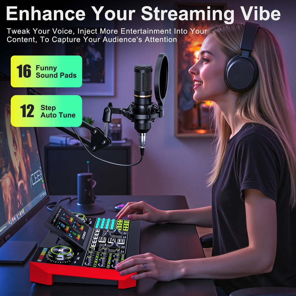Podcast Equipment Bundle, Recording Studio Package with Voice Changer, Live Sound Card - Audio Interface for Laptop Computer Vlog Living Broadcast Live Streaming Plug & Play PC Computer Kit with Professional Chipset for, Gami