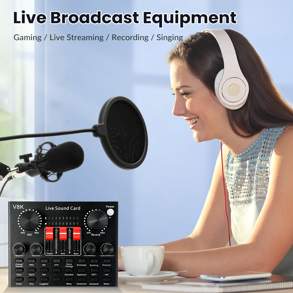 Podcast Equipment Bundle, Live Sound Card with BM800 Recording Studio Microphone, Professional Live Sound Card w/Dj Mixer Effects & Voice Changer for Live Streaming Gaming