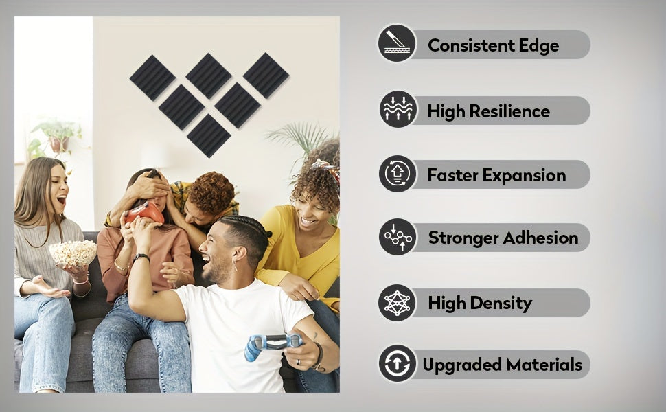 Self adhesive 24 pcs black 12* 12 * 2inches high-density flame-retardant triangular groove sound insulation foam board is suitable for conference studio, recording studio, bedroom, wall and ceiling, dance studio, music room,