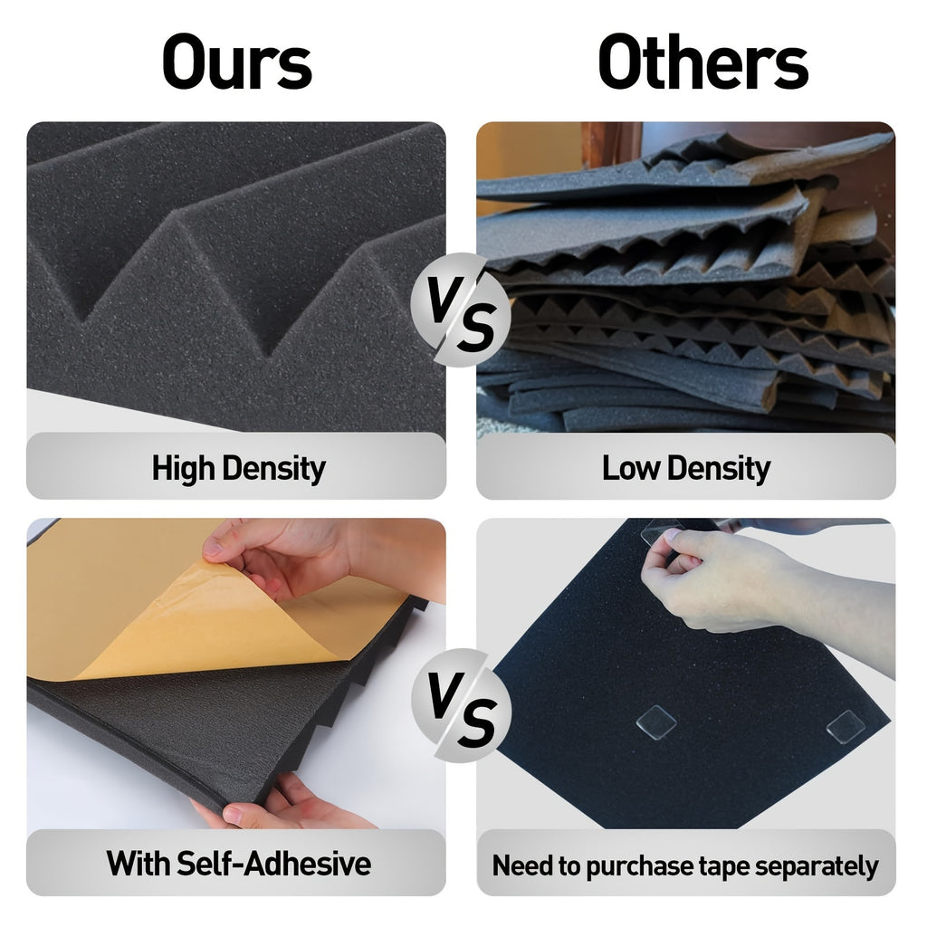 Self adhesive 24 pcs black 12* 12 * 2inches high-density flame-retardant triangular groove sound insulation foam board is suitable for conference studio, recording studio, bedroom, wall and ceiling, dance studio, music room,