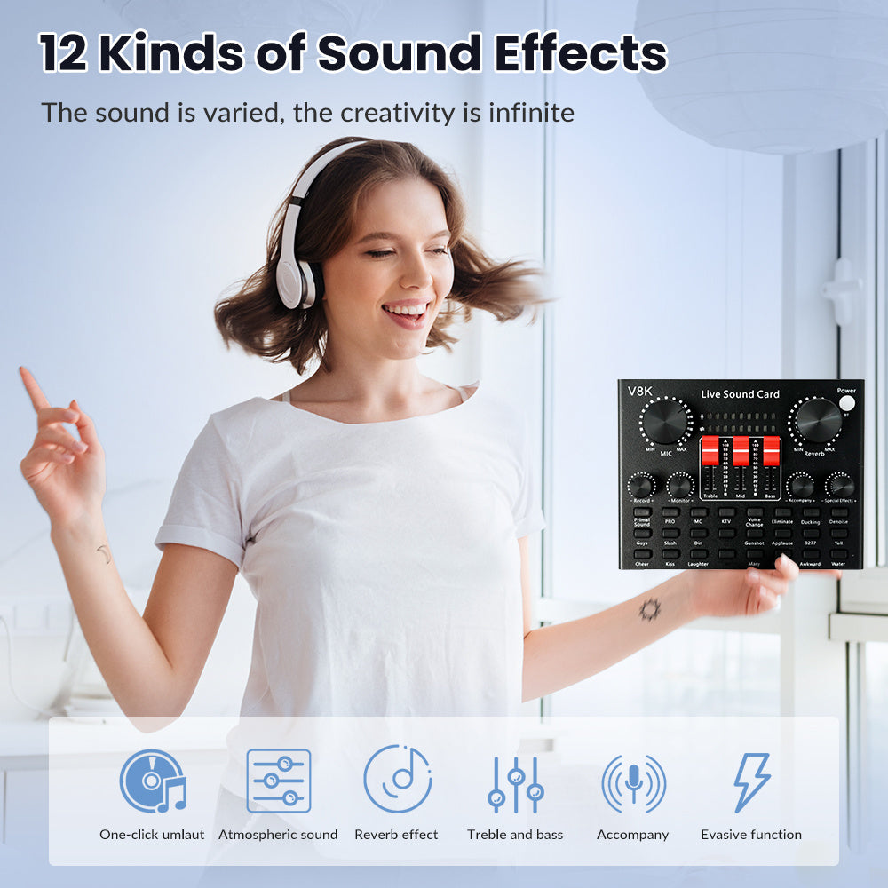 Podcast Equipment Bundle, Live Sound Card with BM800 Recording Studio Microphone, Professional Live Sound Card w/Dj Mixer Effects & Voice Changer for Live Streaming Gaming