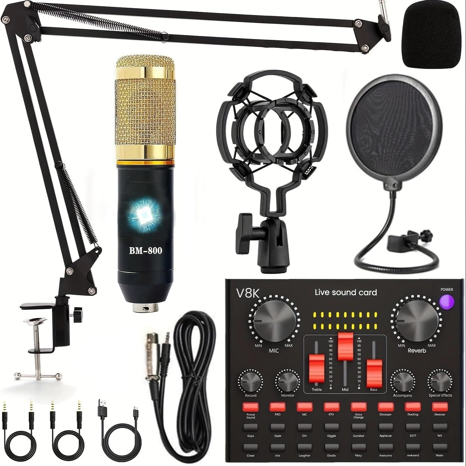 Podcast Equipment Bundle, Live Sound Card with BM800 Recording Studio Microphone, Professional Live Sound Card w/Dj Mixer Effects & Voice Changer for Live Streaming Gaming