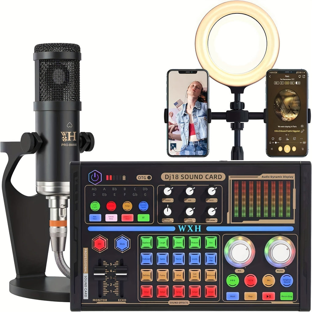 Podcast Equipment Bundle, Live Sound Card with BM800 Recording Studio Microphone, Professional Live Sound Card w/Dj Mixer Effects & Voice Changer for Live Streaming Gaming