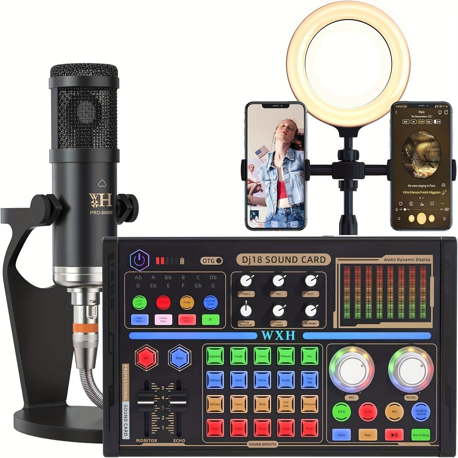 Podcast Equipment Bundle, Live Sound Card with BM800 Recording Studio Microphone, Professional Live Sound Card w/Dj Mixer Effects & Voice Changer for Live Streaming Gaming