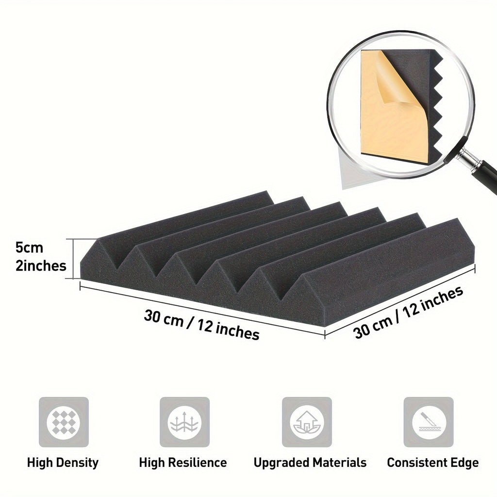 Self adhesive 24 pcs black 12* 12 * 2inches high-density flame-retardant triangular groove sound insulation foam board is suitable for conference studio, recording studio, bedroom, wall and ceiling, dance studio, music room,