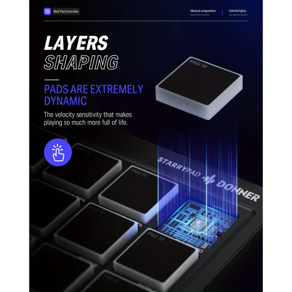 STARRYPAD MIDI Pad Beat Maker Machine - Professional USB MIDI Controller for Music Production - 16 Beat Pads, 2 Assignable Faders & Knobs, 40 Free Courses, and Music Production Software for DJs and Producers